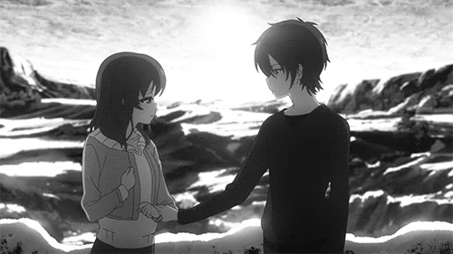 An animated couple gently holding hands
